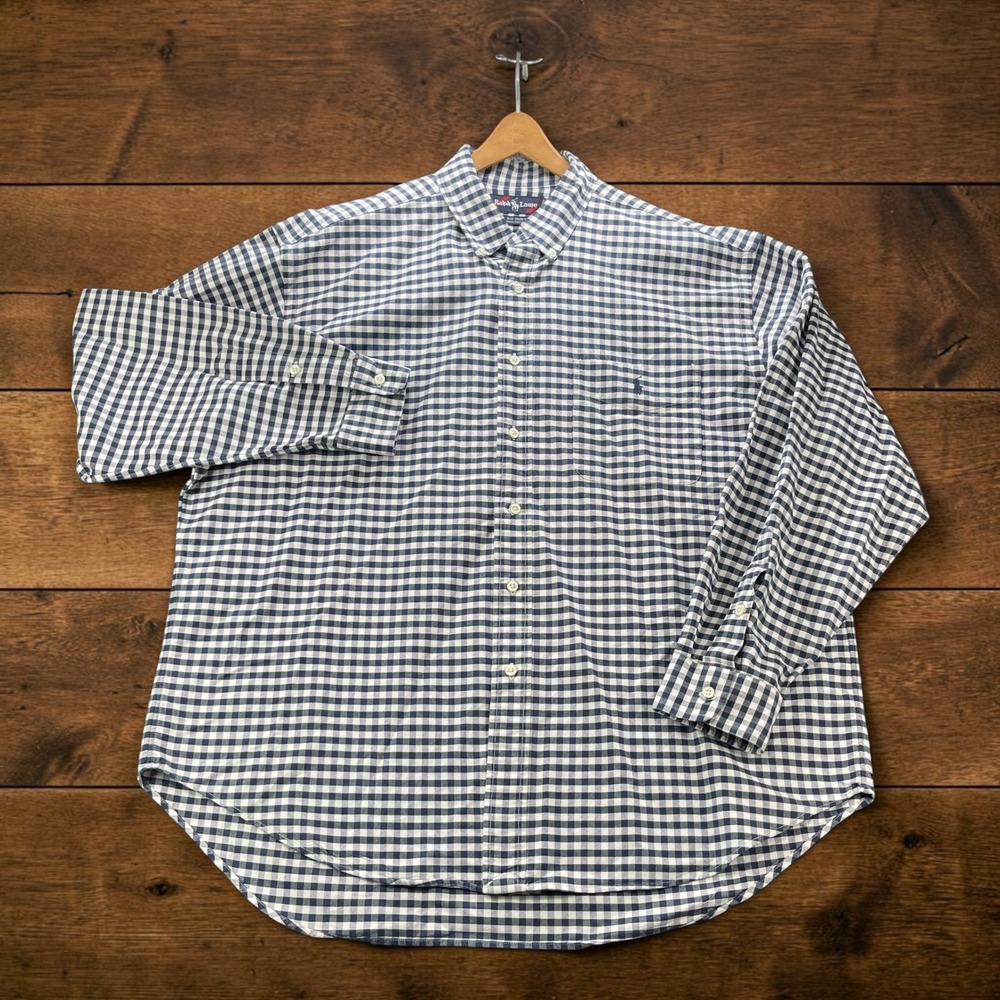 Ralph Lauren Big Shirt Mens (L) Navy White Gingham Oxford Plaid Thick Cotton